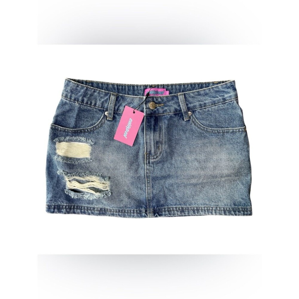 Edikted distressed denim mini skirt size small Y2K low rise blue jean skirt